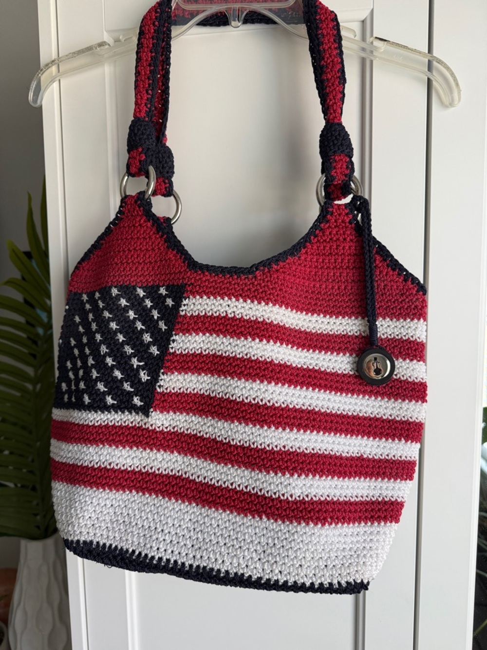 Crocheted American Flag Tote Bag - Red, White & Blue